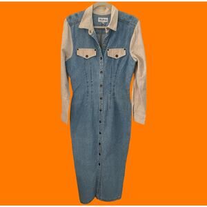 90's vintage denim long sleeve collared button up maxi dress Size 13 Paris blues